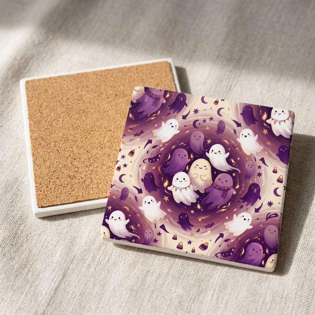 Spooky Ghosts ceramic coasters set of 4, cork back