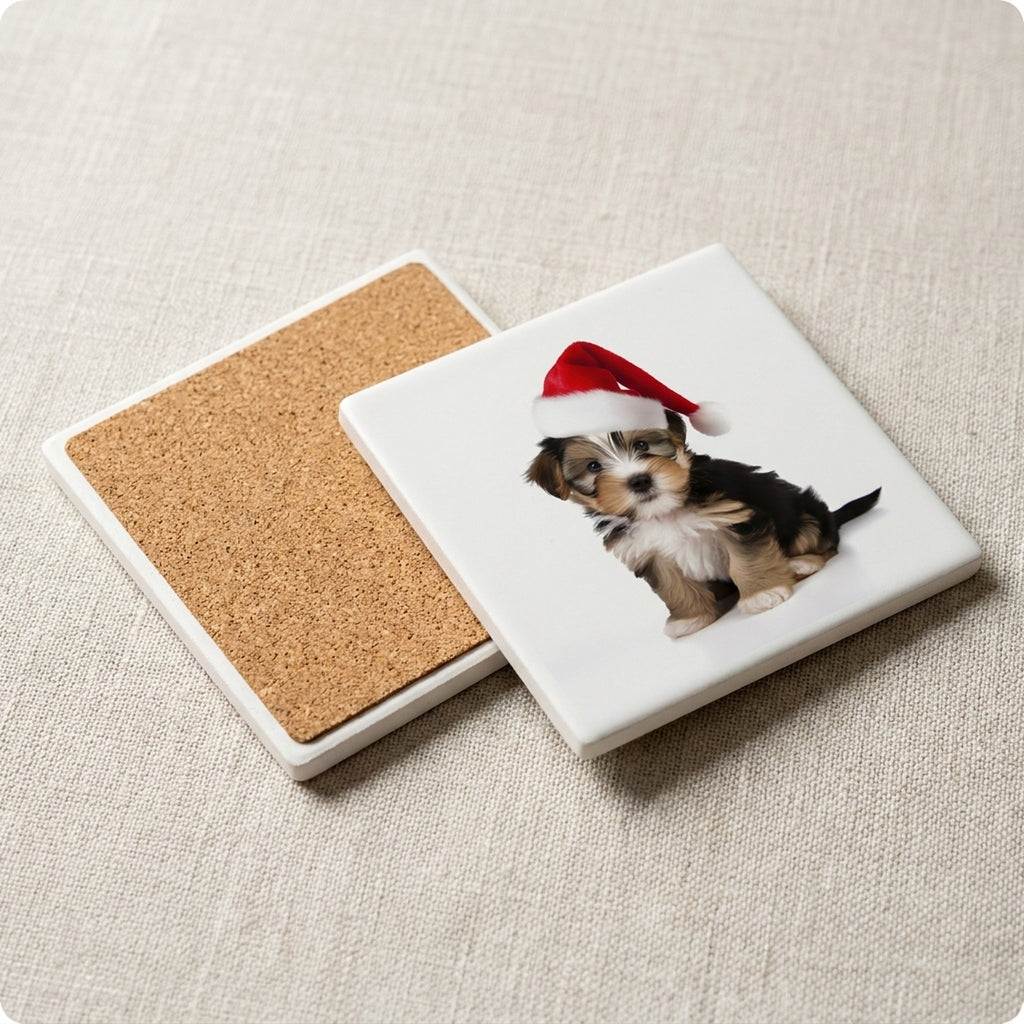 Biewer Terrier Puppy ceramic coasters set of 4, cork back