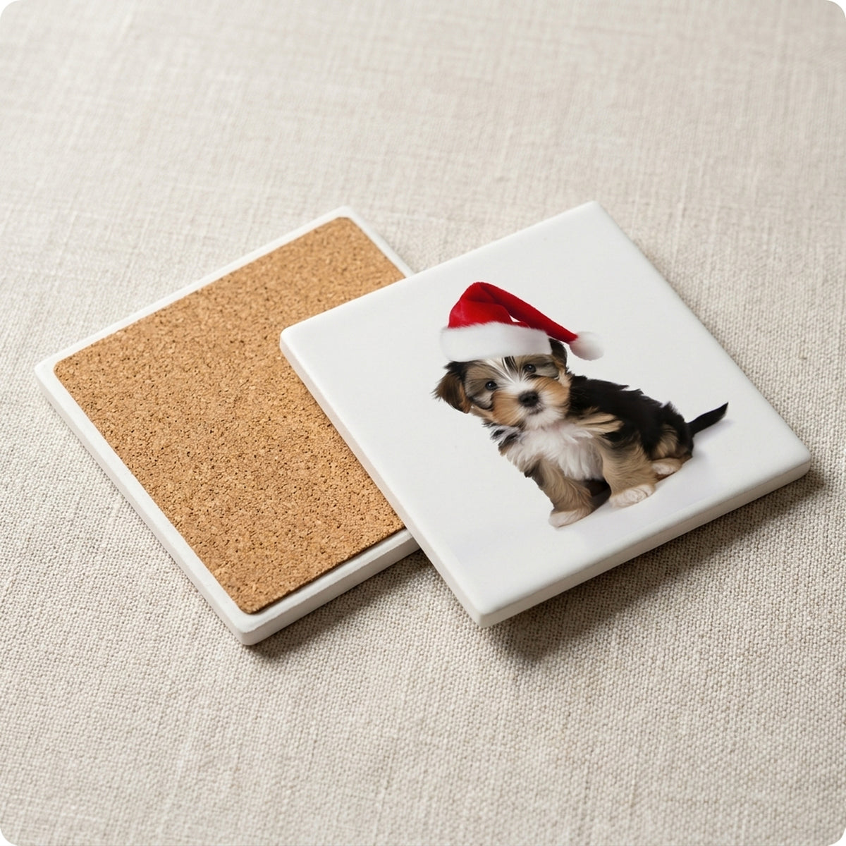 Biewer Terrier Puppy ceramic coasters set of 4, cork back
