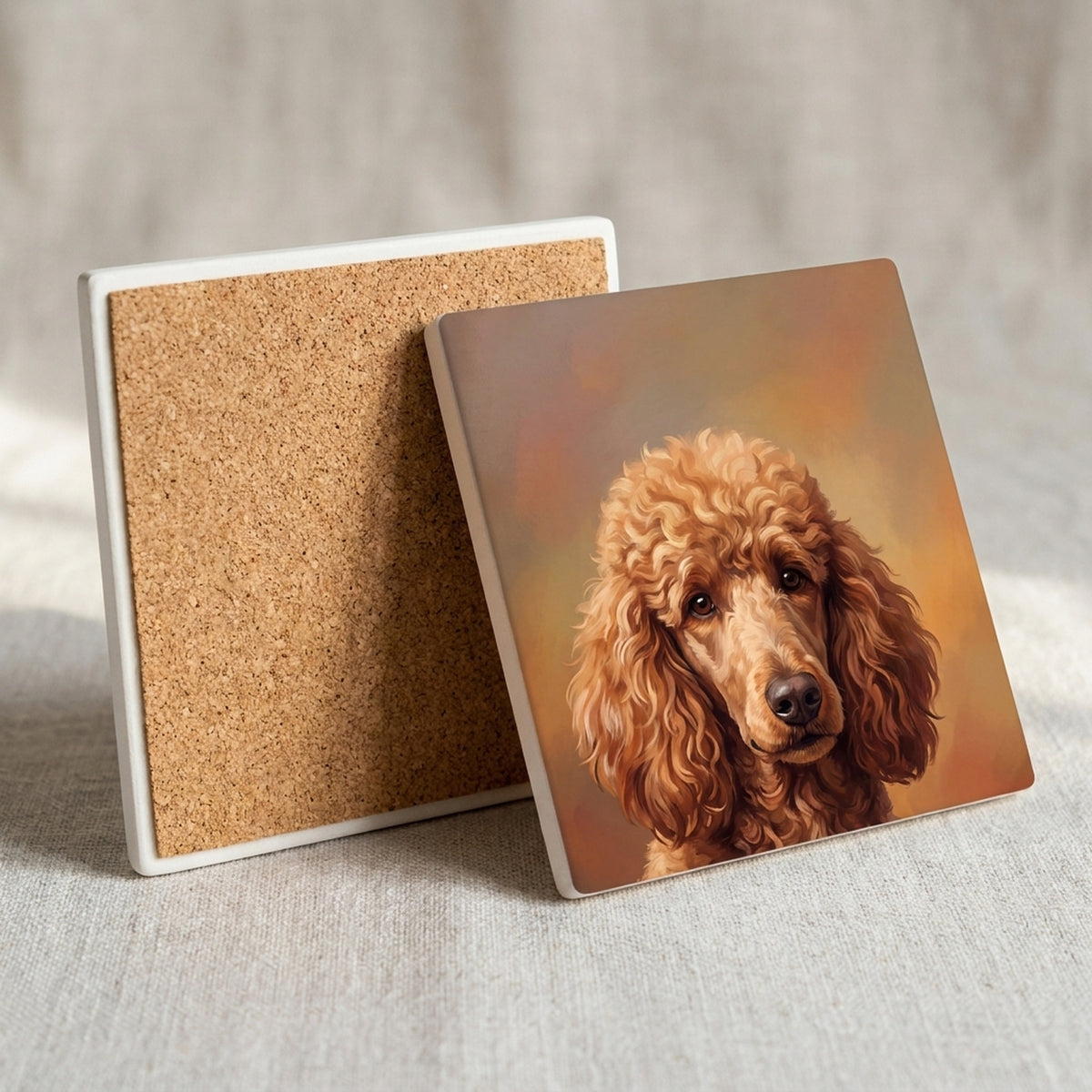Poodle Portrait ceramic coasters set of 4, cork back