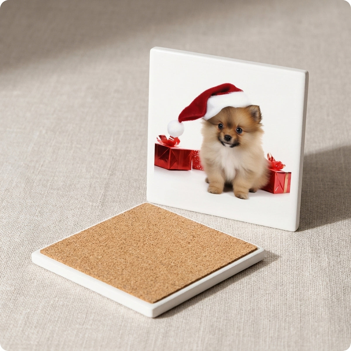 Pomeranian Puppy ceramic coasters set of 4, cork back