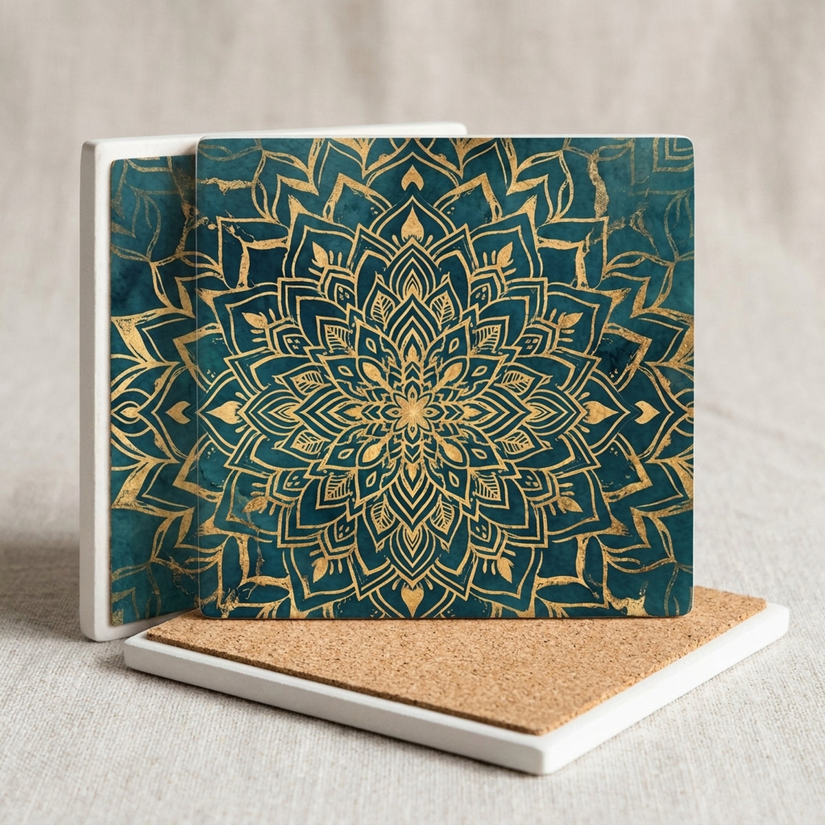 Mandala ceramic coasters set of 4, cork back
