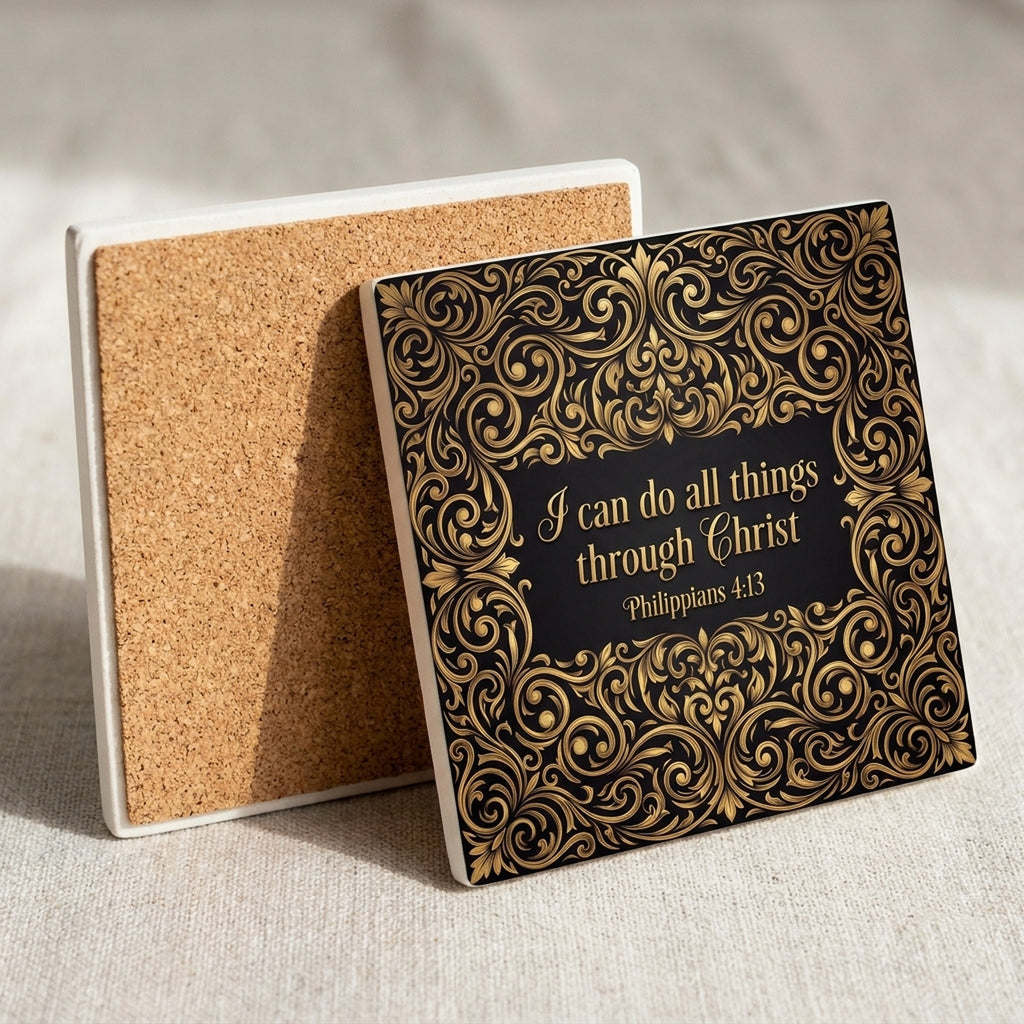 Philippians 4:13 ceramic coasters set of 4, cork back