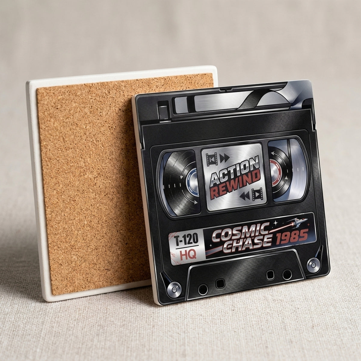 VHS Tape ceramic coasters set of 4, cork back