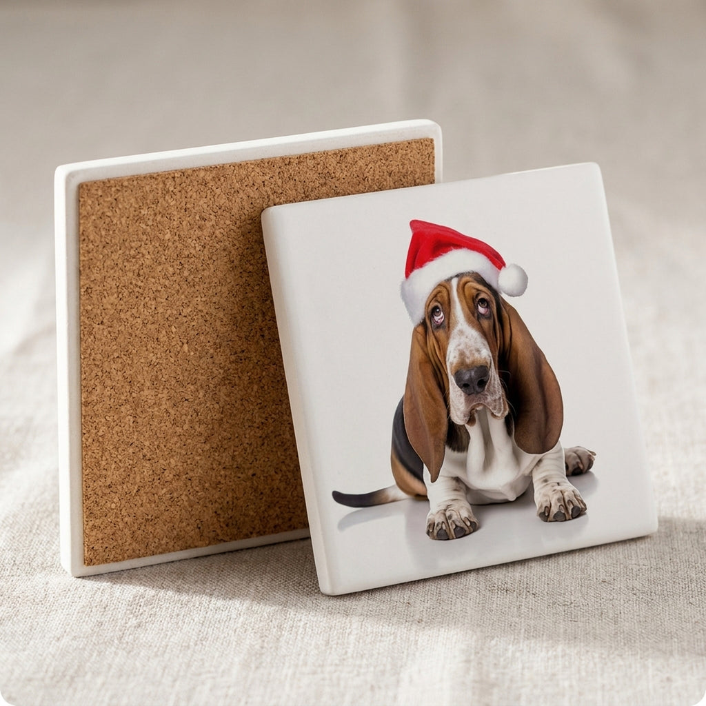 Basset Hound ceramic coasters set of 4, cork back