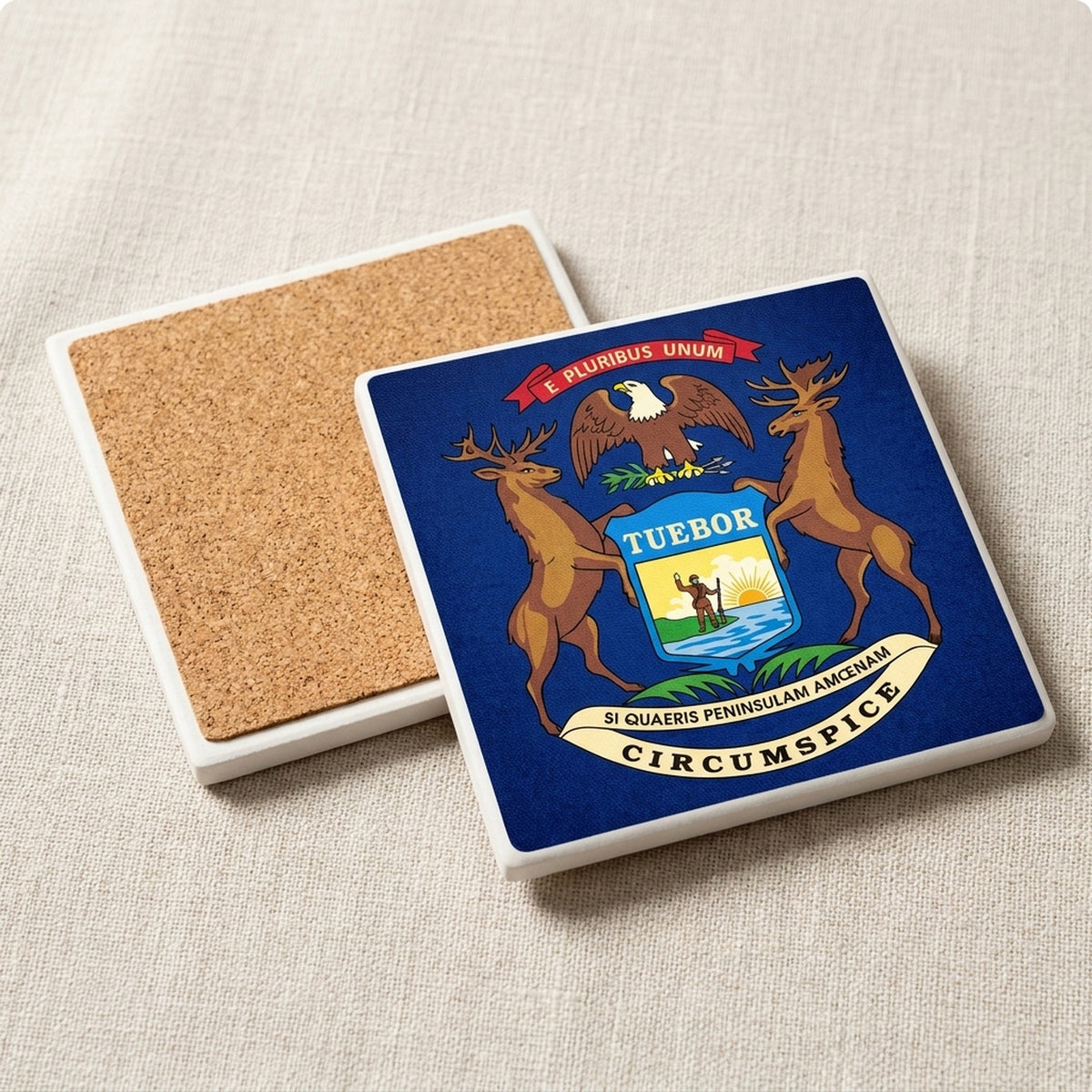 Michigan State Flag ceramic coasters set of 4, cork back