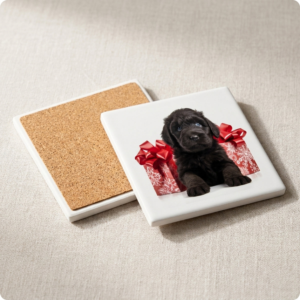 Black Russian Terrier Puppy ceramic coasters set of 4, cork back