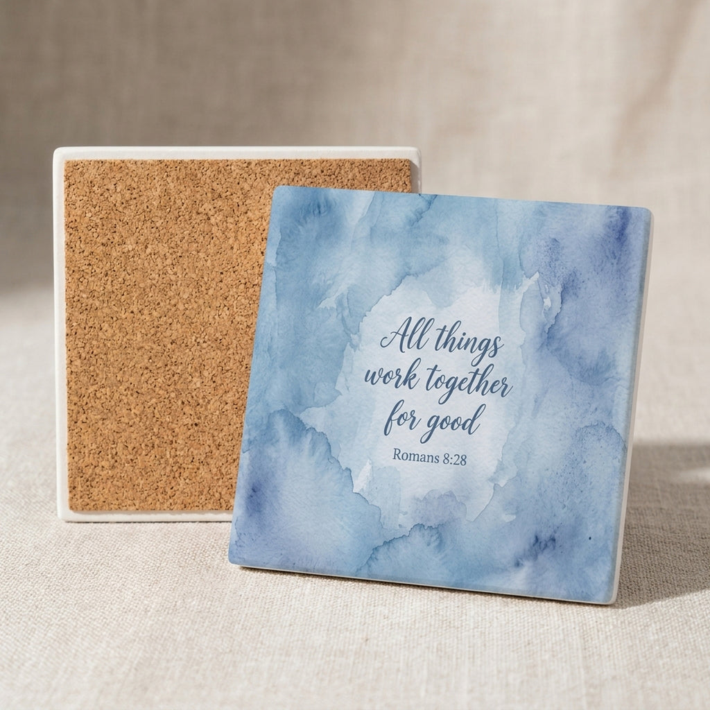 Romans 8:28 ceramic coasters set of 4, cork back