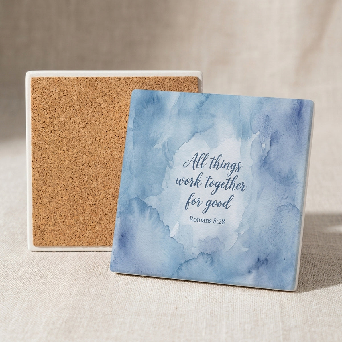 Romans 8:28 ceramic coasters set of 4, cork back