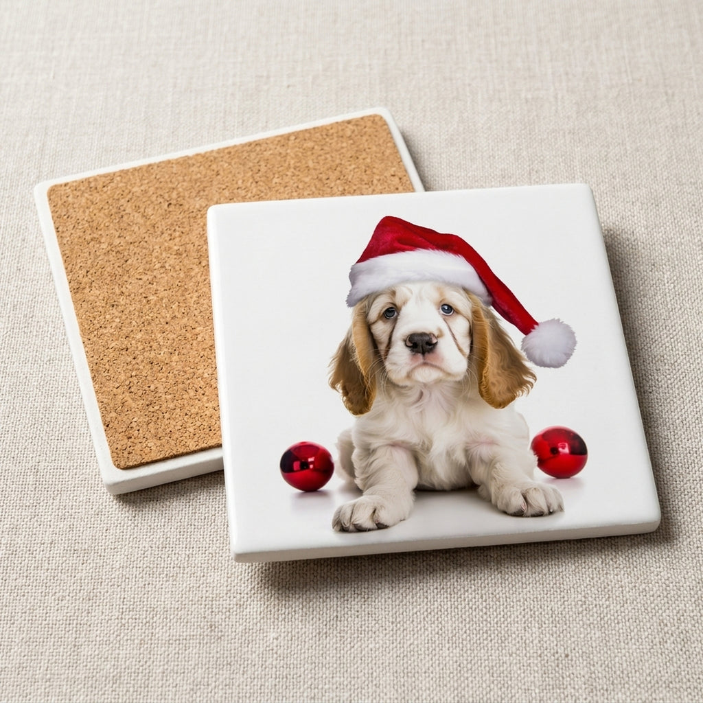 Clumber Spaniel Puppy ceramic coasters set of 4, cork back