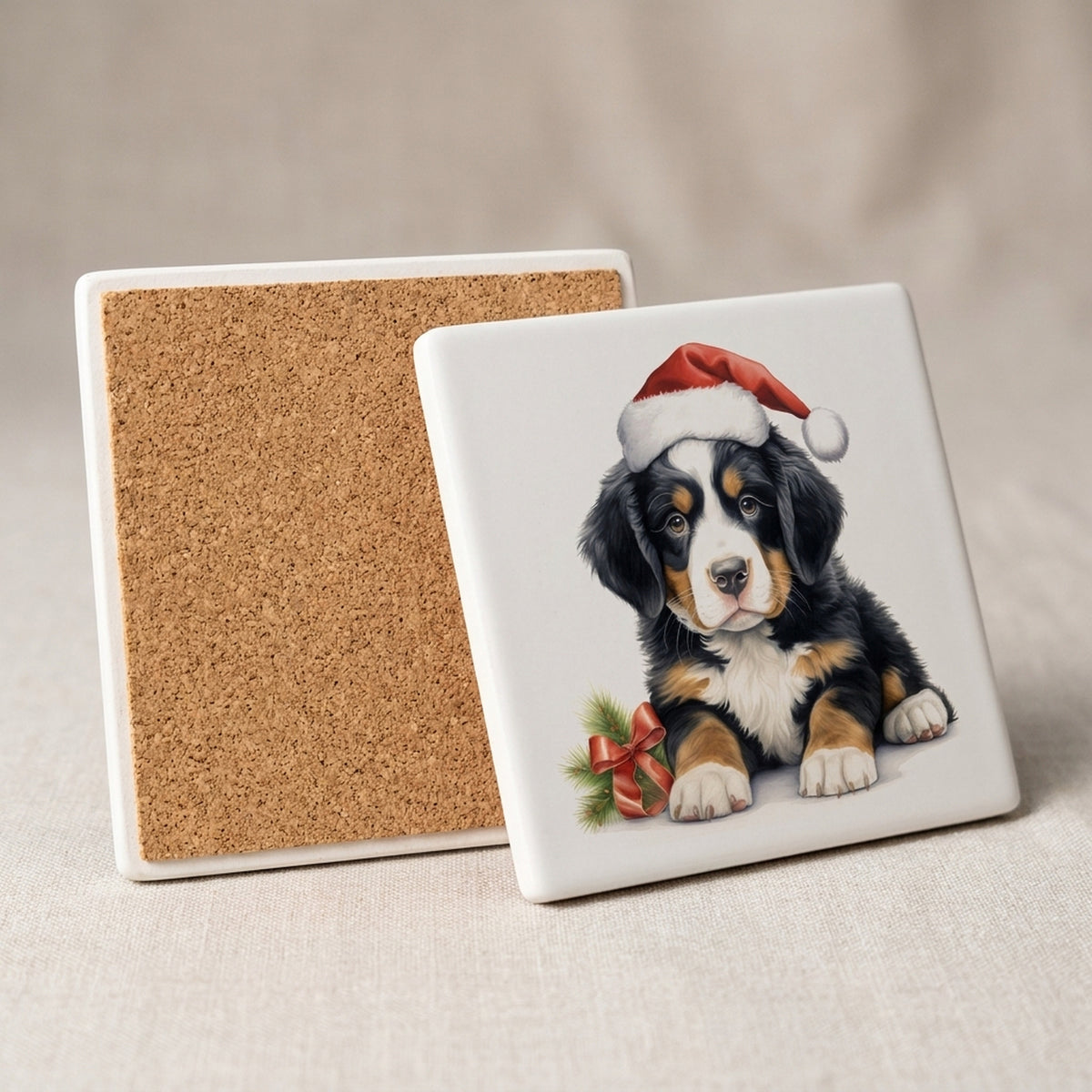 Bernese Mountain Dog Puppy Drawing ceramic coasters set of 4, cork back