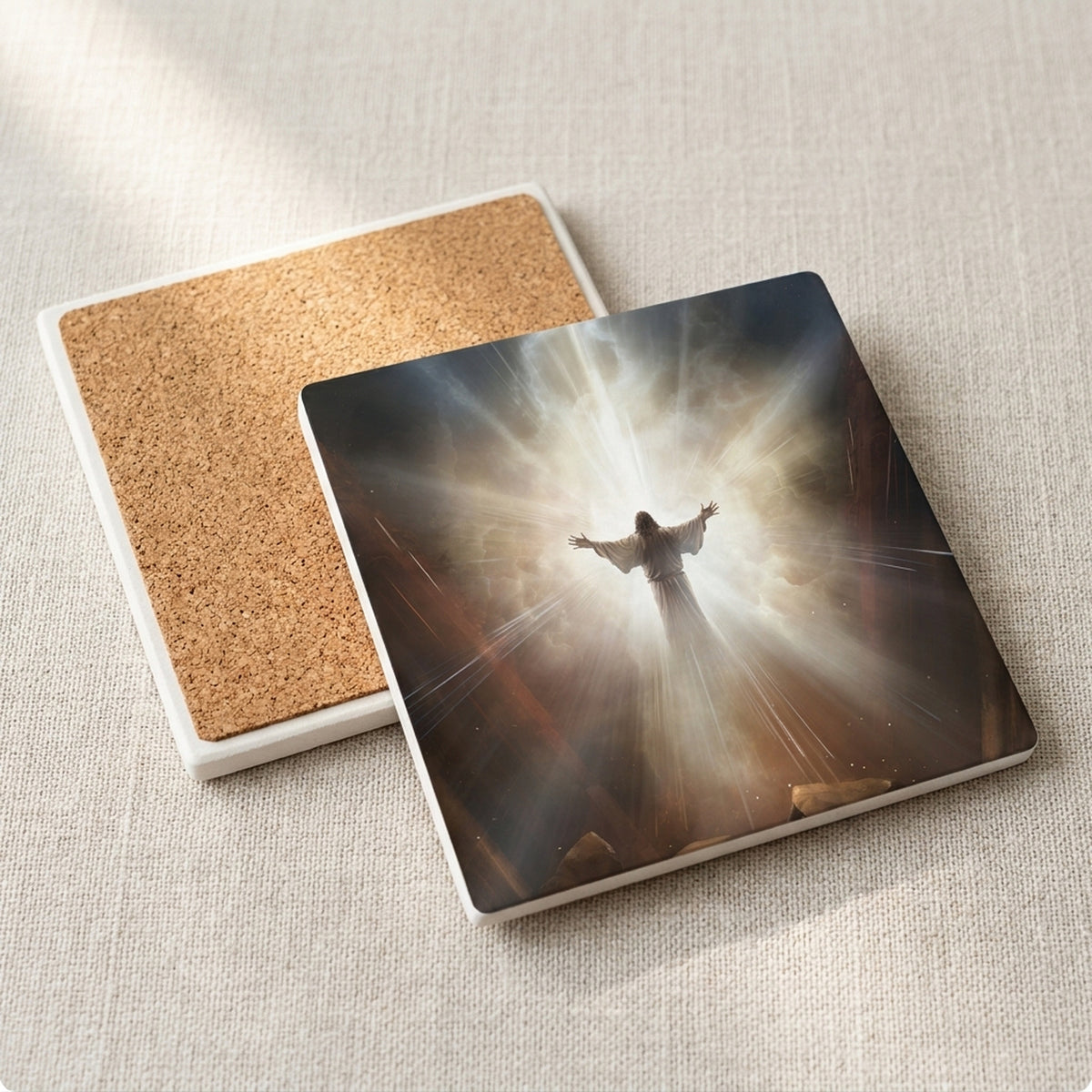 Radiant Heavenly Light ceramic coasters set of 4, cork back