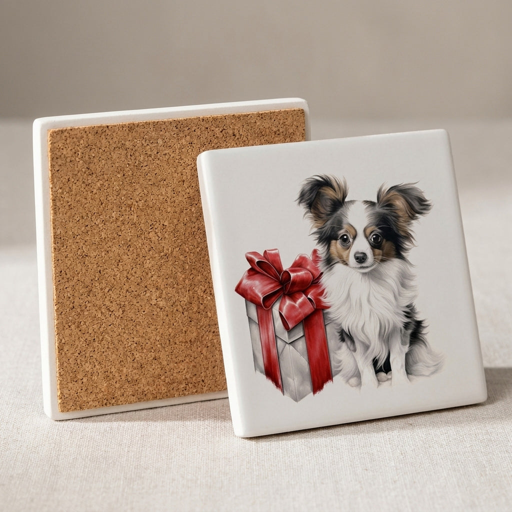Papillon Puppy Drawing ceramic coasters set of 4, cork back