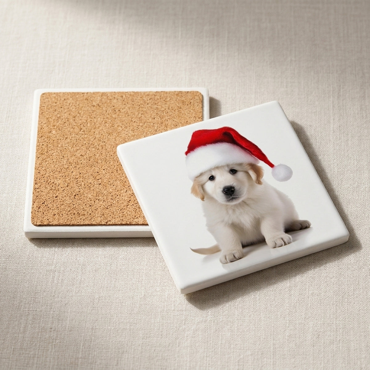 Kuvaszok Puppy ceramic coasters set of 4, cork back