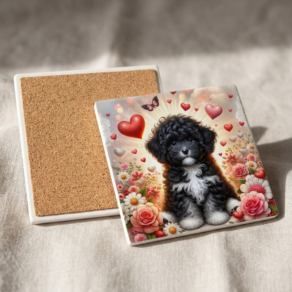 Portuguese Water Dog ceramic coasters set of 4, cork back