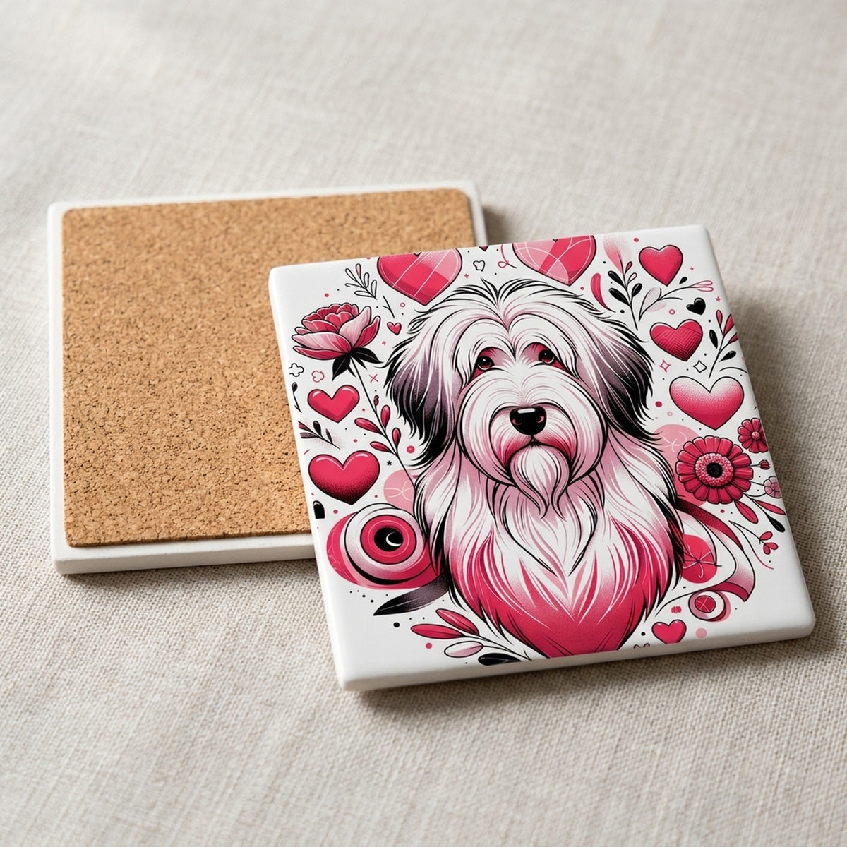 Old English Sheepdog ceramic coasters set of 4, cork back