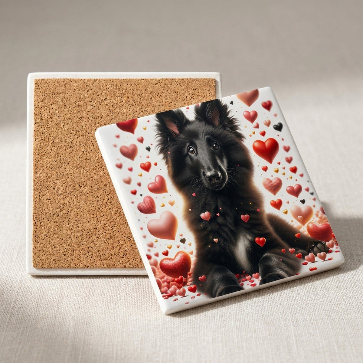 Belgian Sheepdog ceramic coasters set of 4, cork back