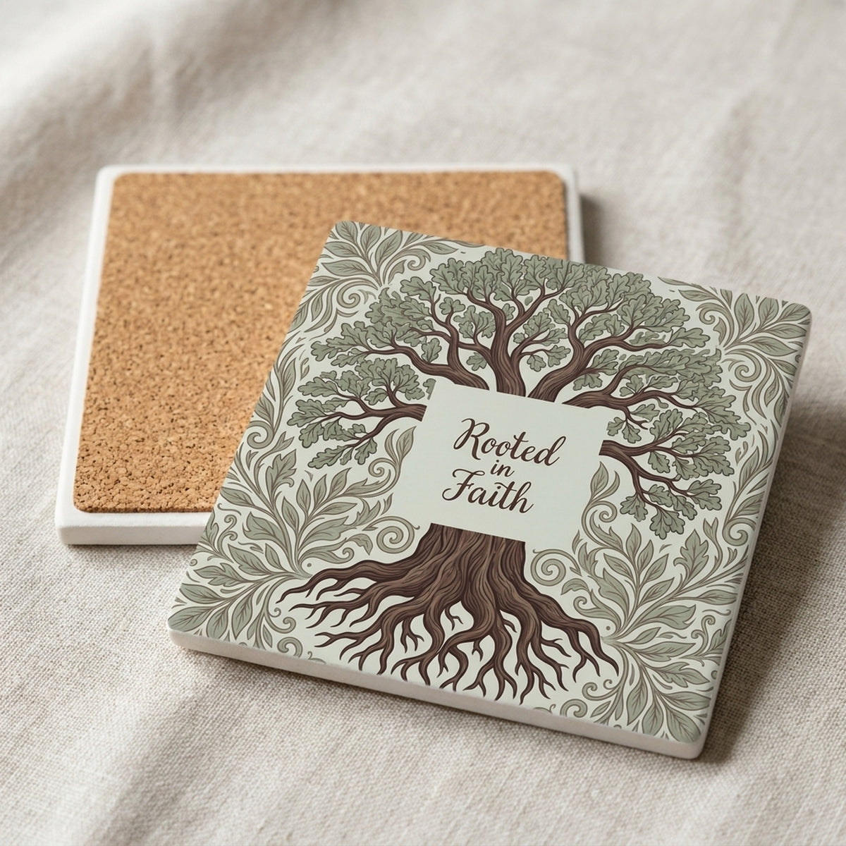 Rooted In Faith Tree ceramic coasters set of 4, cork back