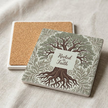 Rooted In Faith Tree ceramic coasters set of 4, cork back