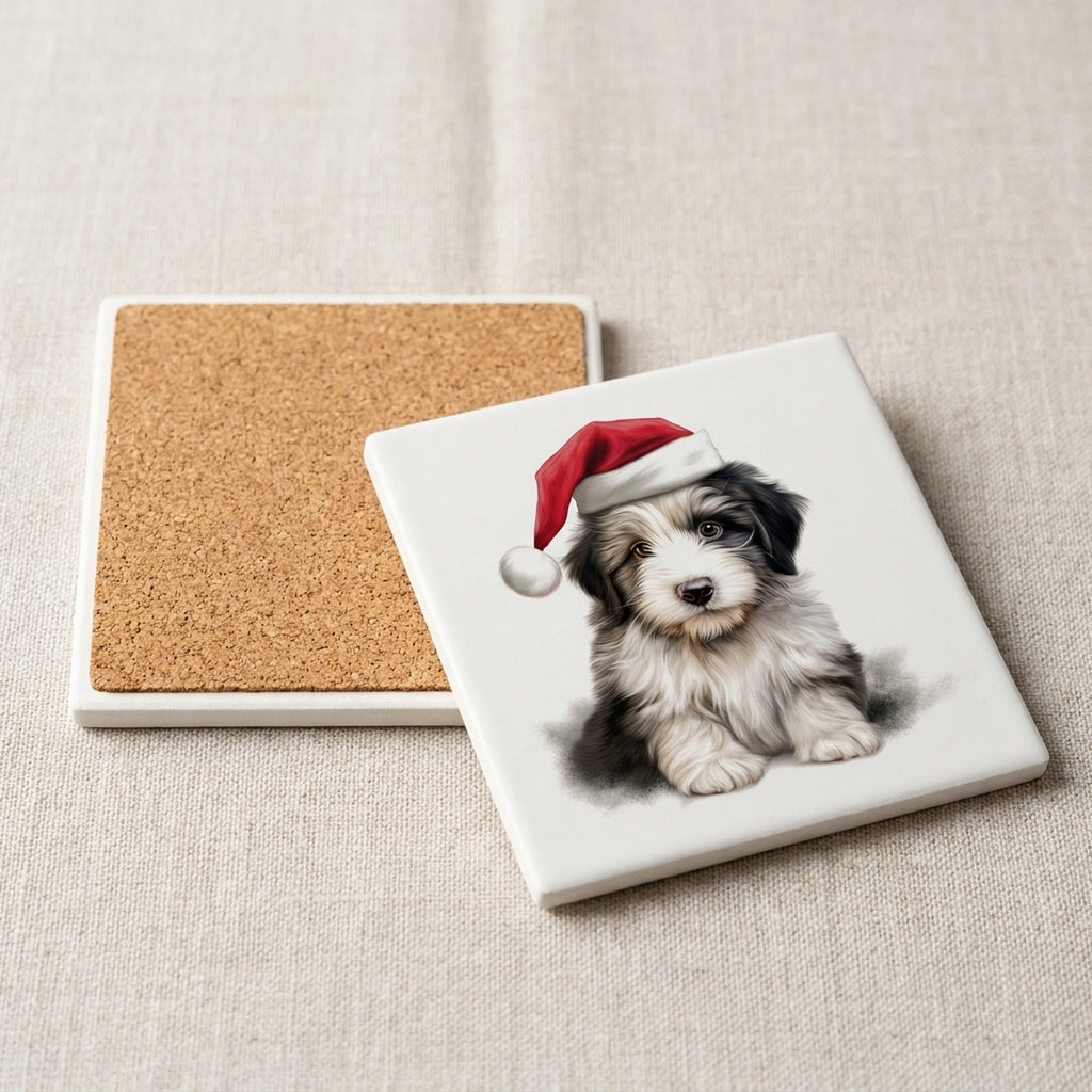 Polish Lowland Sheepdog Puppy Drawing ceramic coasters set of 4, cork back
