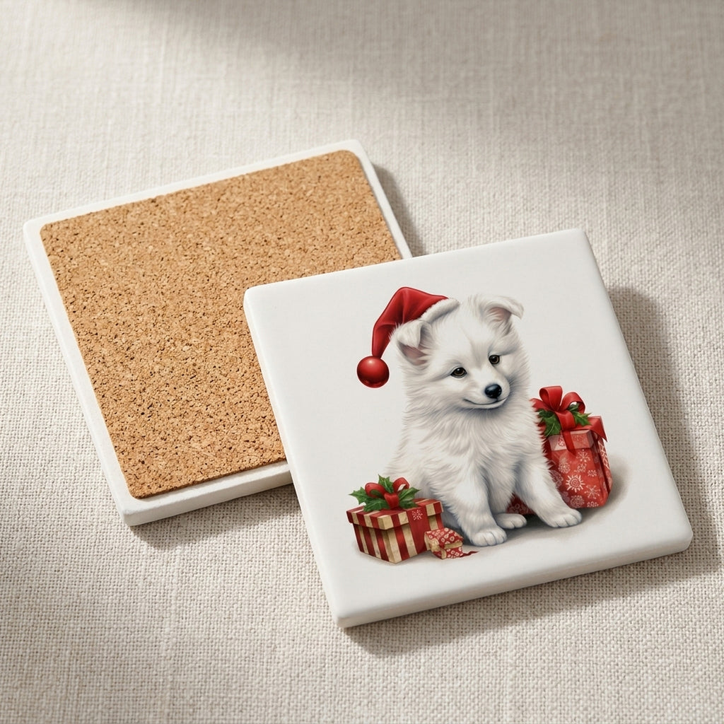 American Eskimo Dog Puppy Drawing ceramic coasters set of 4, cork back
