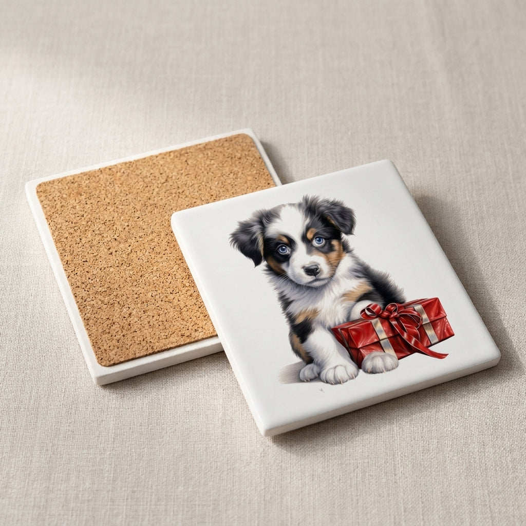 Miniature American Shepherd Puppy Drawing ceramic coasters set of 4, cork back