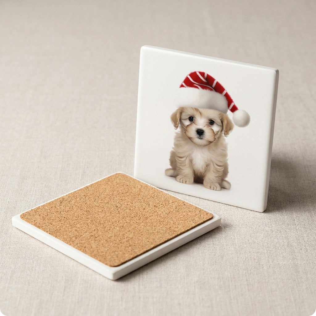 Russian Toy Puppy ceramic coasters set of 4, cork back