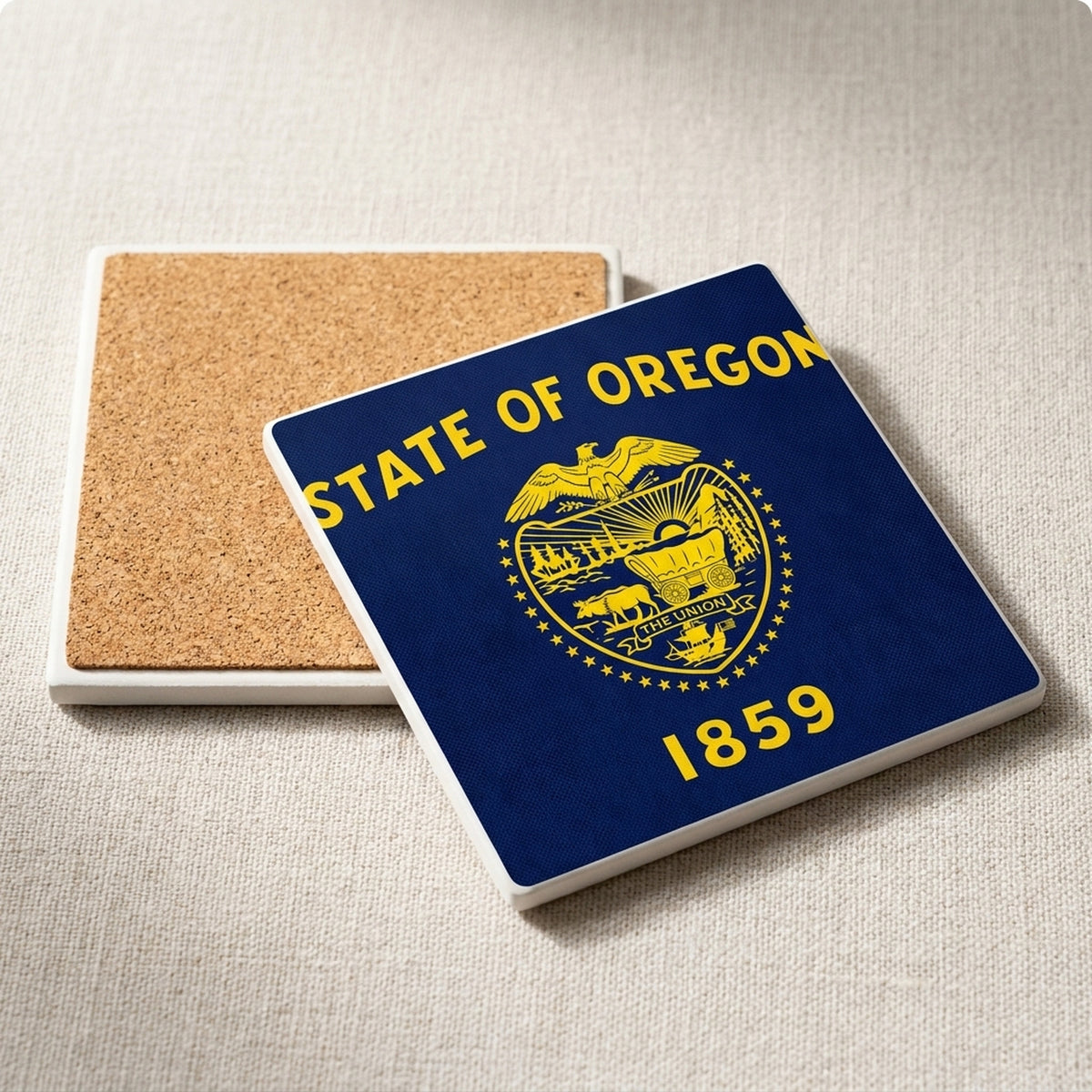 Oregon State Flag ceramic coasters set of 4, cork back