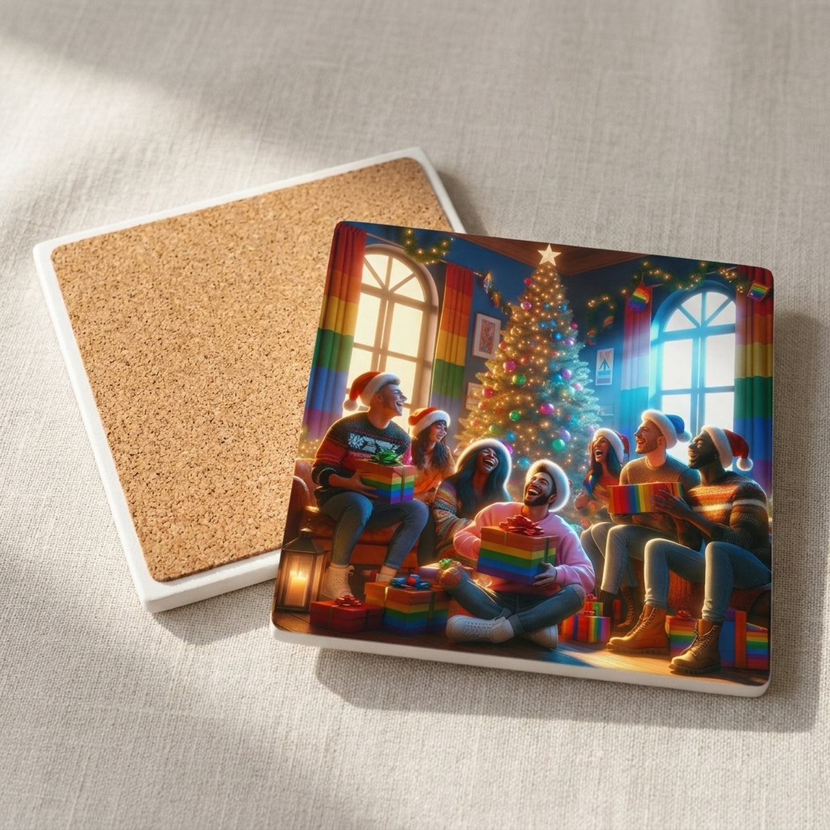 Rainbow Christmas Cheer ceramic coasters set of 4, cork back