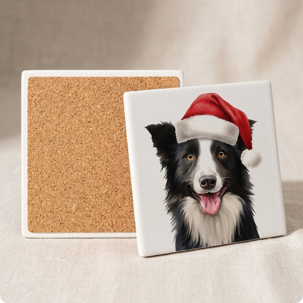 Border Collie ceramic coasters set of 4, cork back