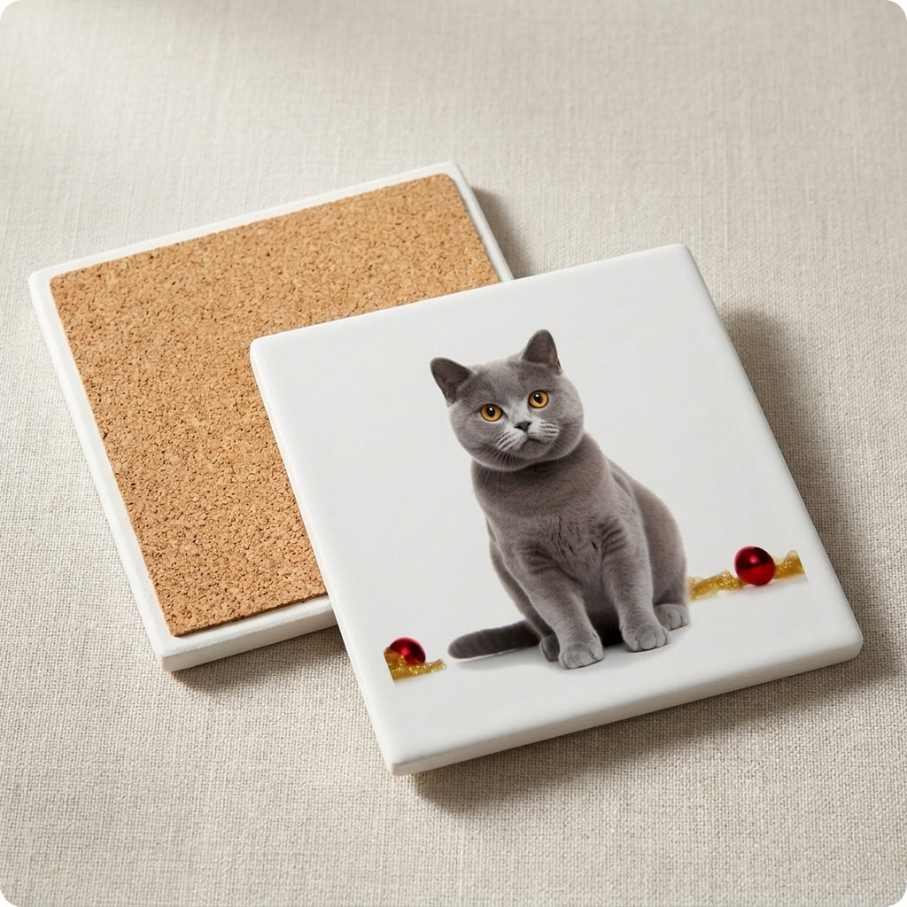 Chartreux Cat ceramic coasters set of 4, cork back