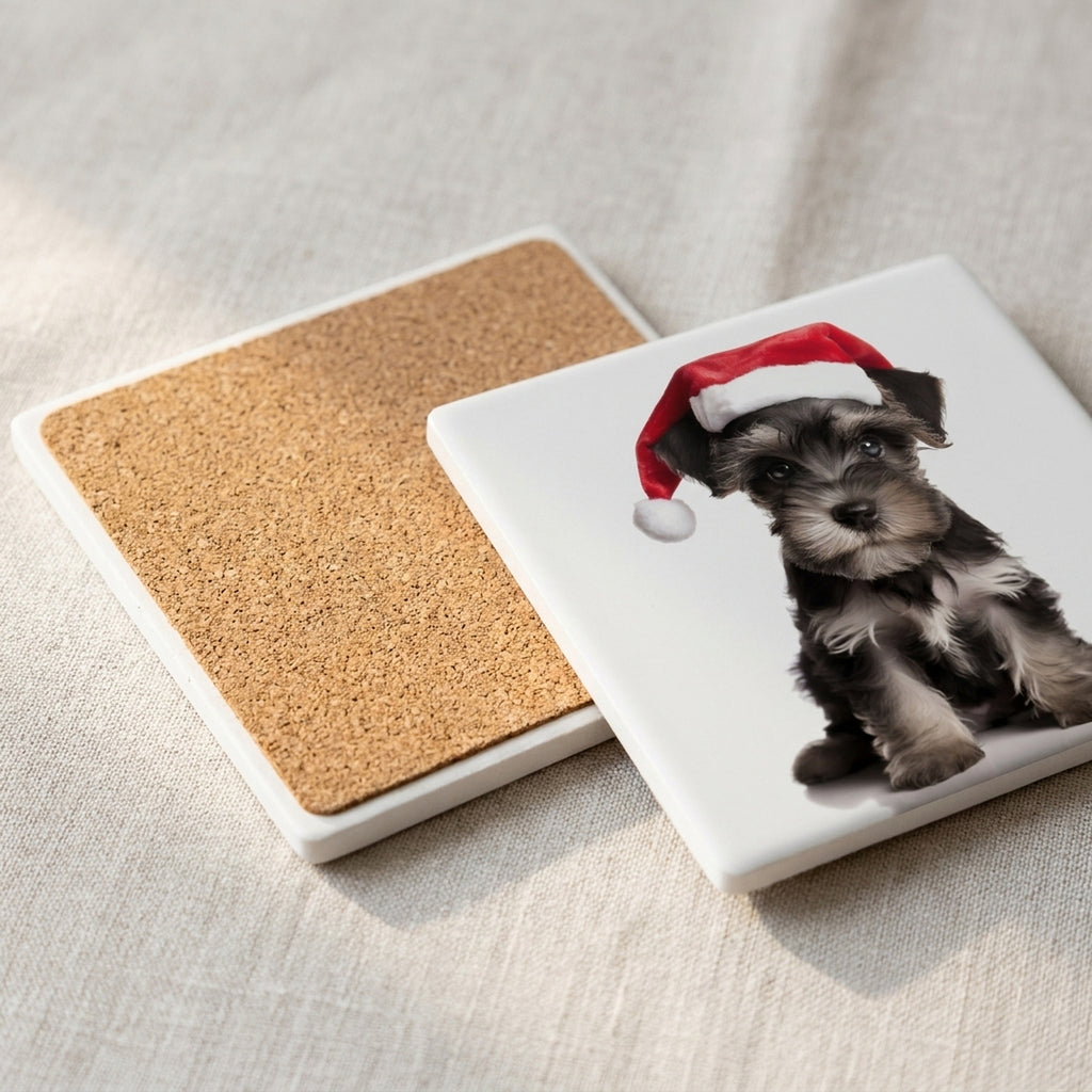 Miniature Schnauzer Puppy ceramic coasters set of 4, cork back