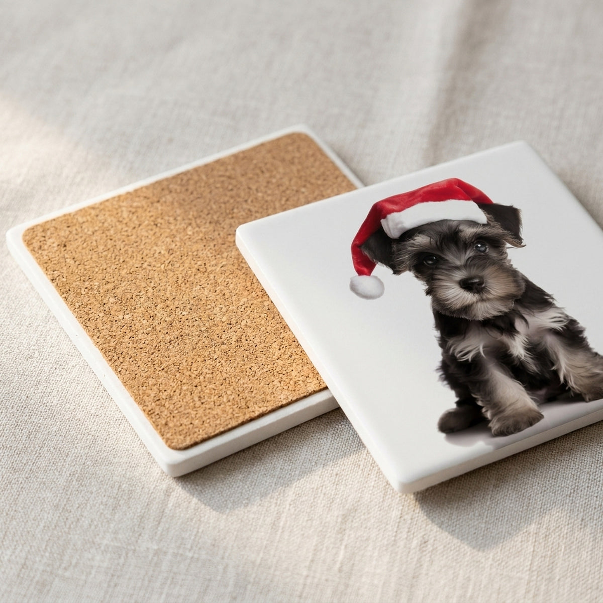 Miniature Schnauzer Puppy ceramic coasters set of 4, cork back