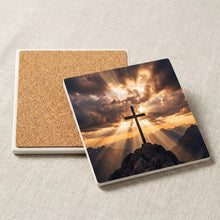 Cross On Mountains ceramic coasters set of 4, cork back