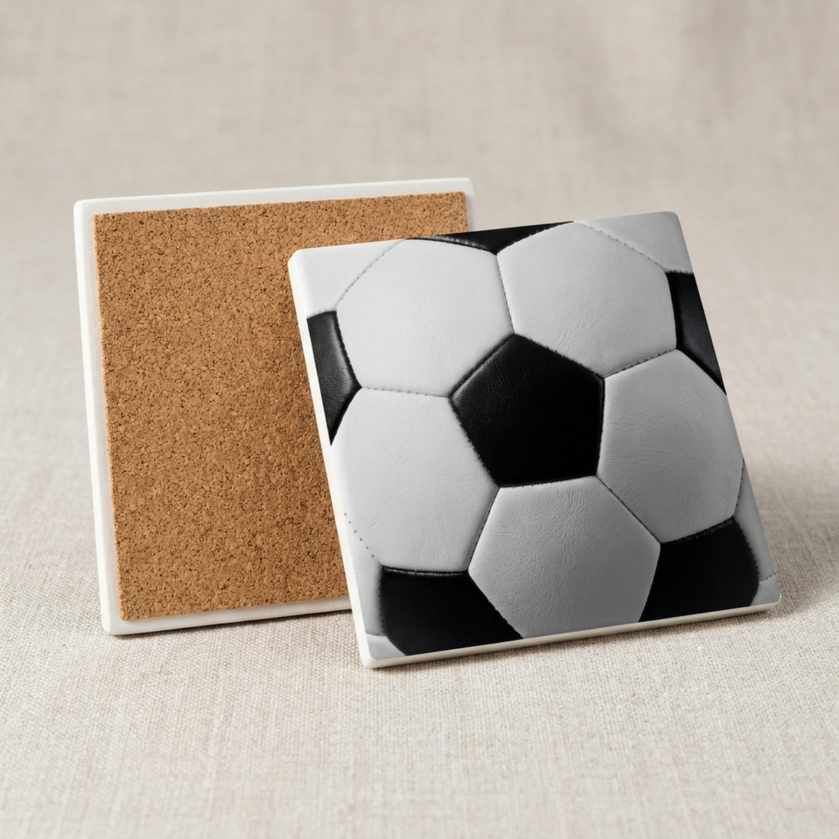 Soccer Ball ceramic coasters set of 4, cork back