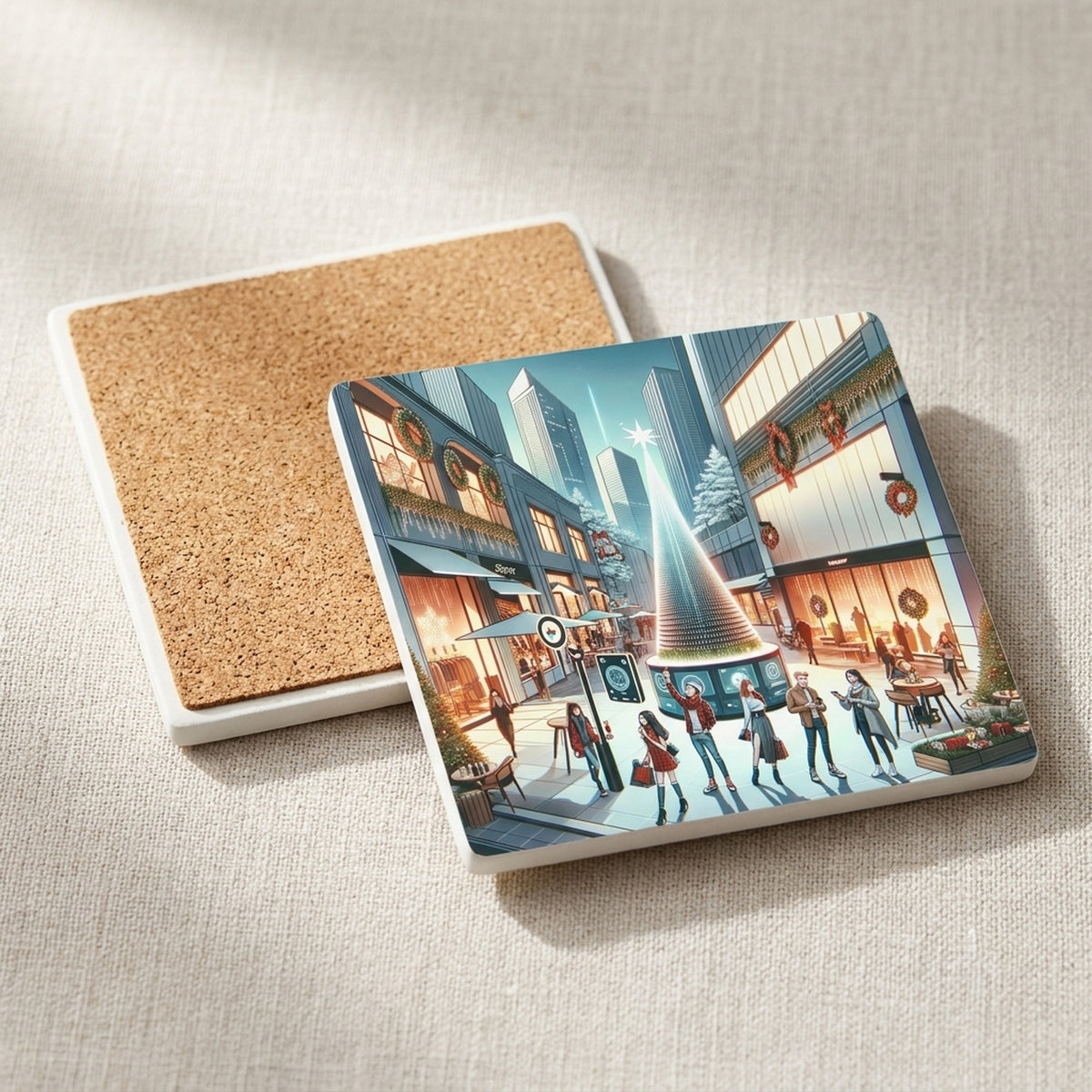 Downtown Christmas Plaza ceramic coasters set of 4, cork back
