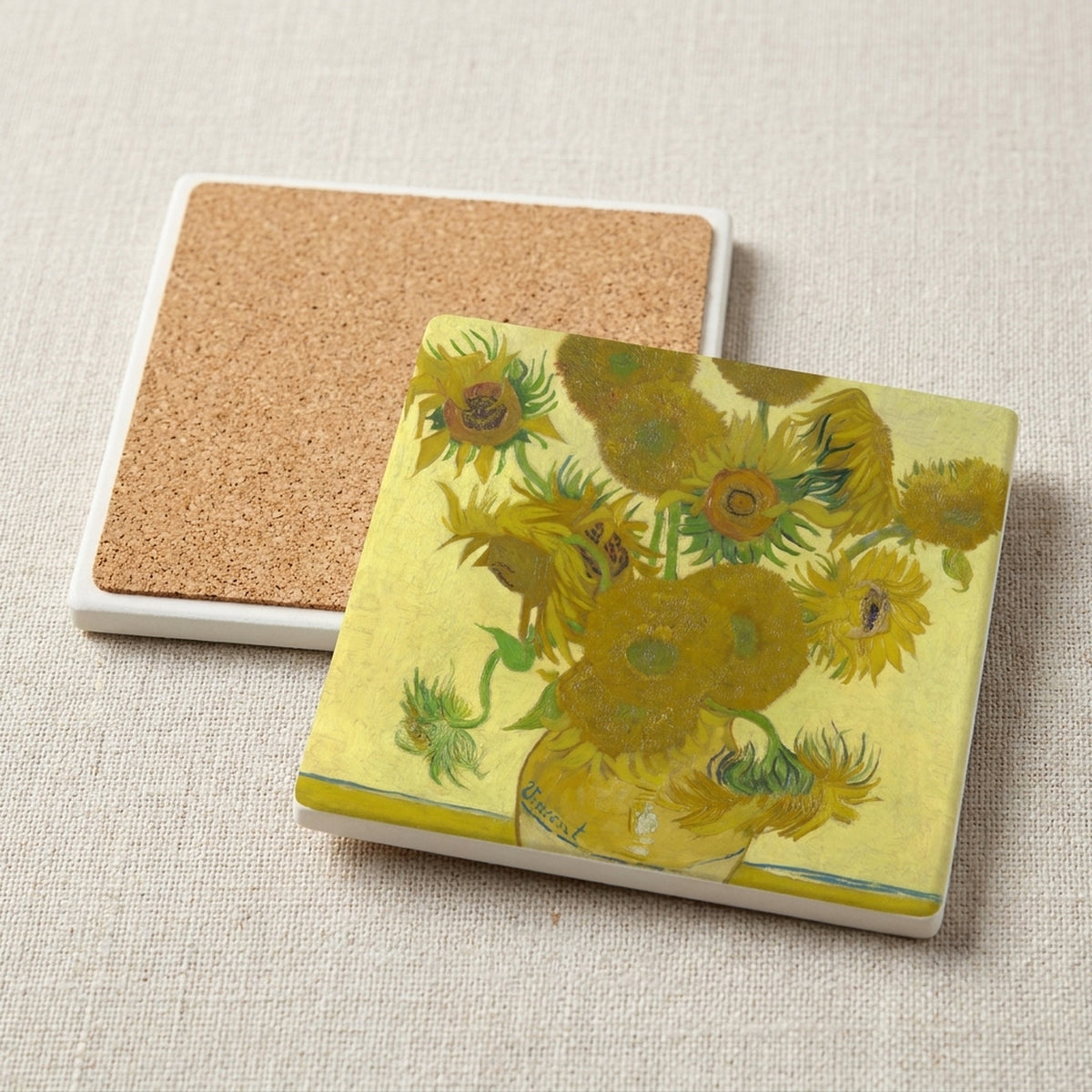 Van Gogh Sunflowers ceramic coasters set of 4, cork back