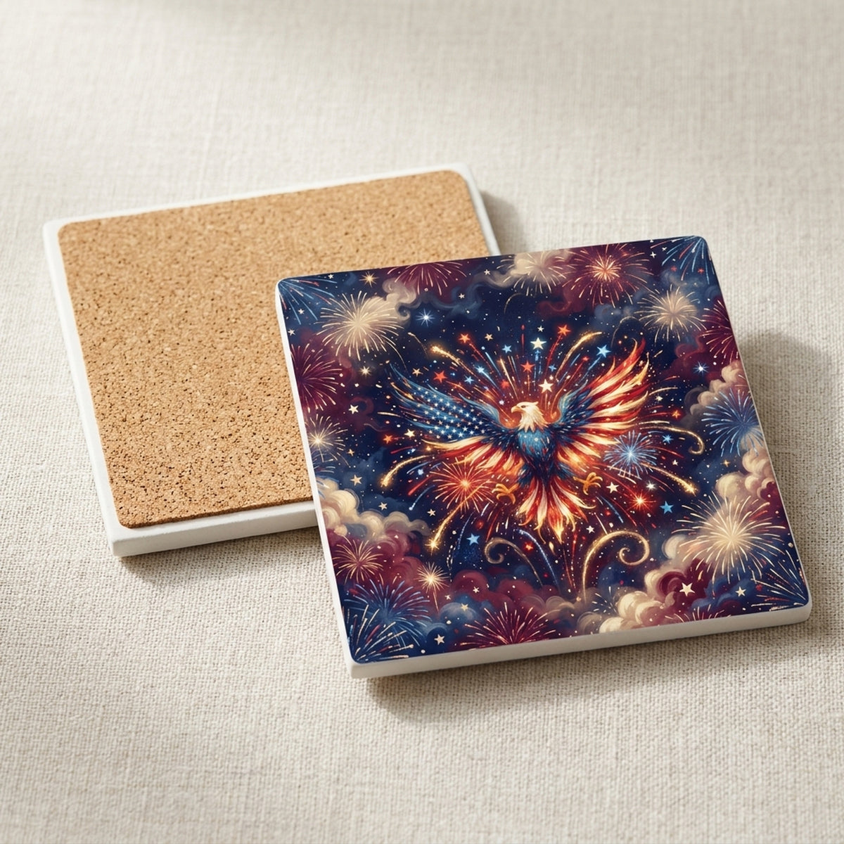 July 4th Fireworks ceramic coasters set of 4, cork back