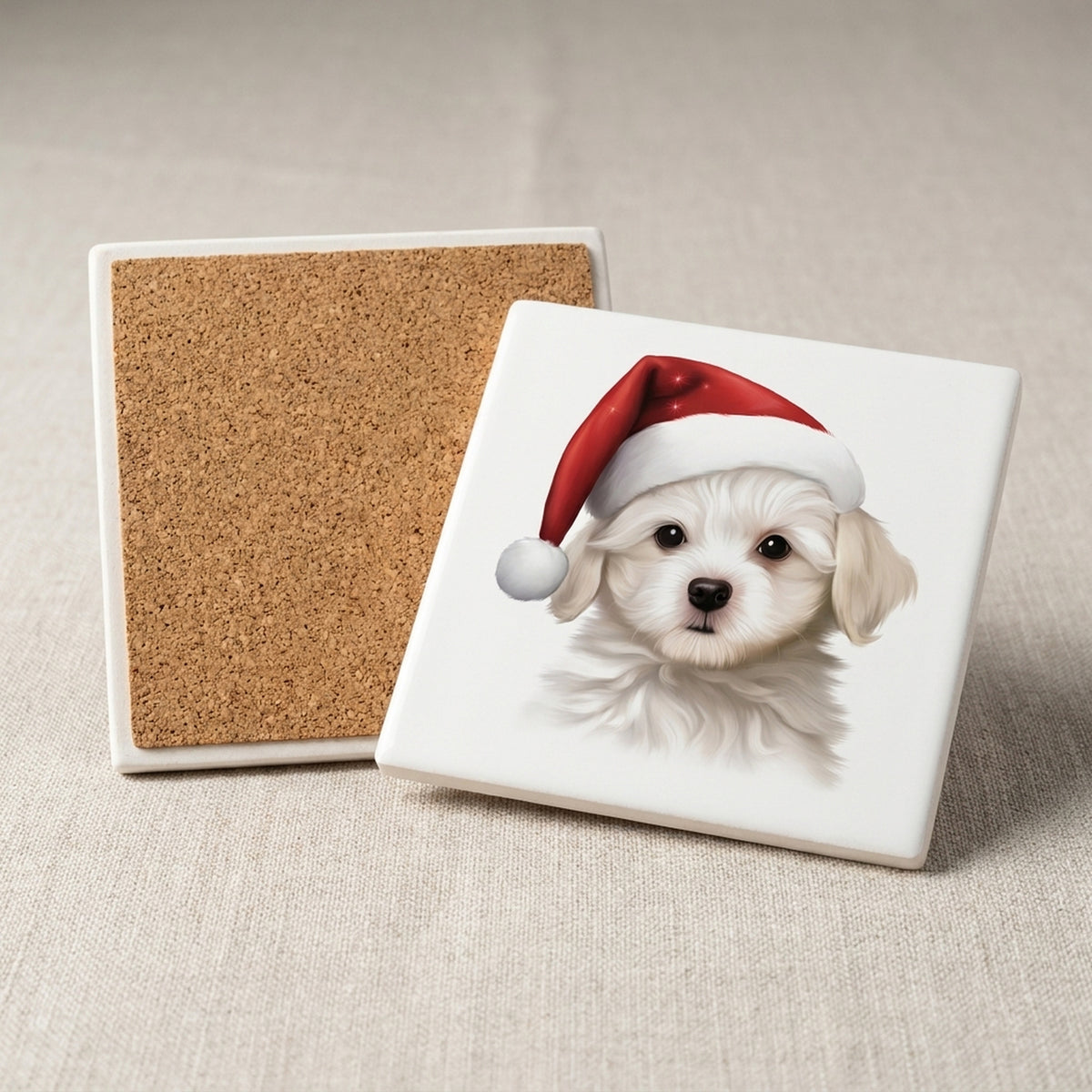 Maltese Puppy Drawing ceramic coasters set of 4, cork back