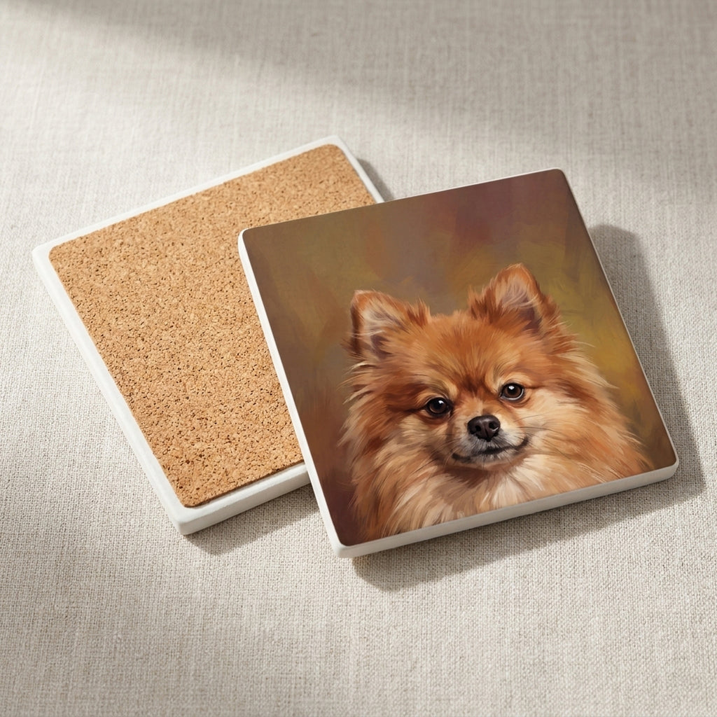 Pomeranian Portrait ceramic coasters set of 4, cork back