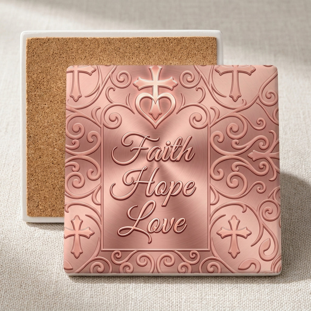 Faith Hope Love ceramic coasters set of 4, cork back
