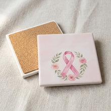 Breast Cancer Ribbon ceramic coasters set of 4, cork back