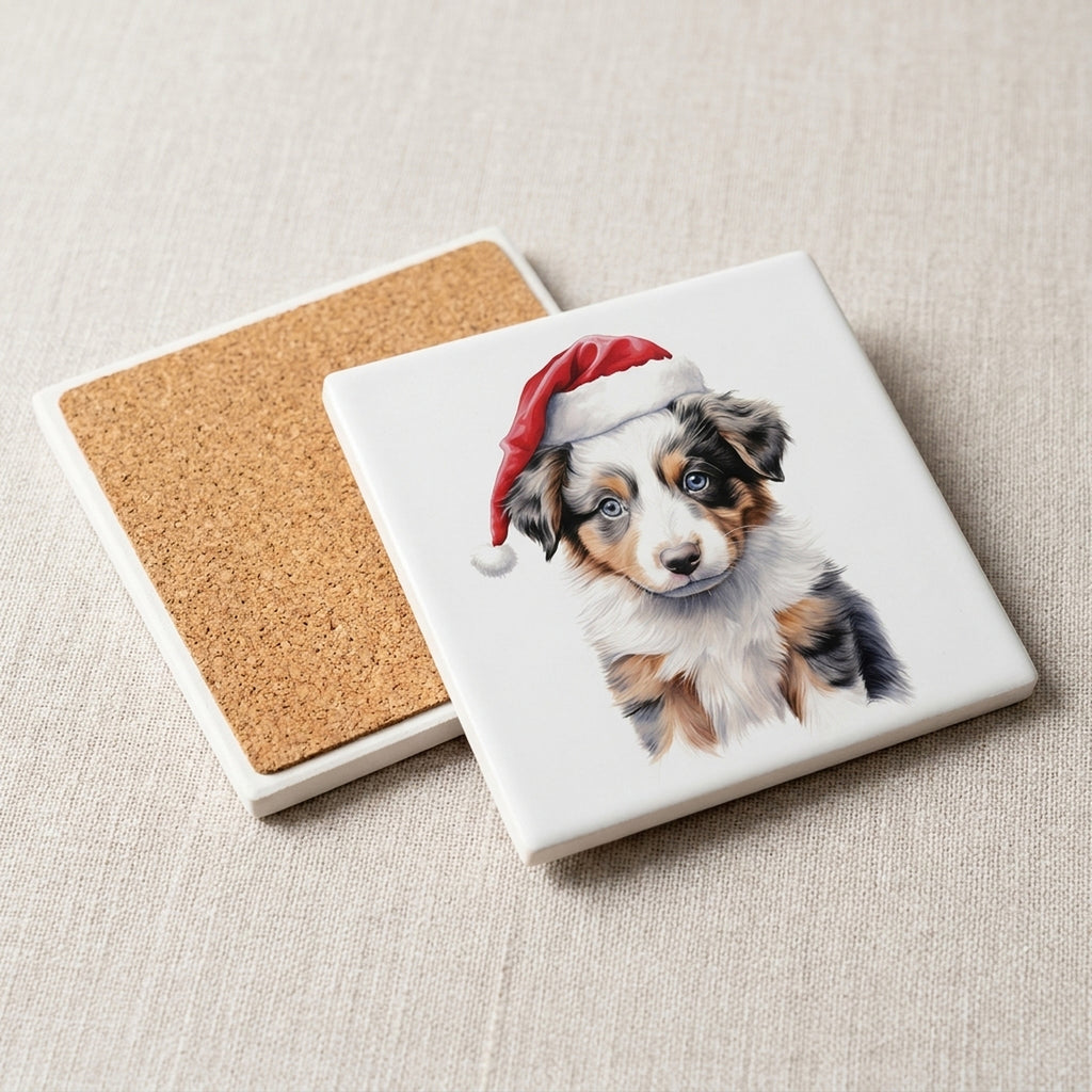 Australian Shepherd Puppy Drawing ceramic coasters set of 4, cork back