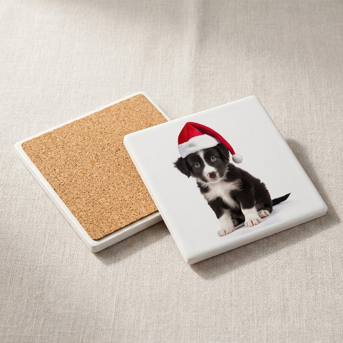 Border Collie Puppy ceramic coasters set of 4, cork back