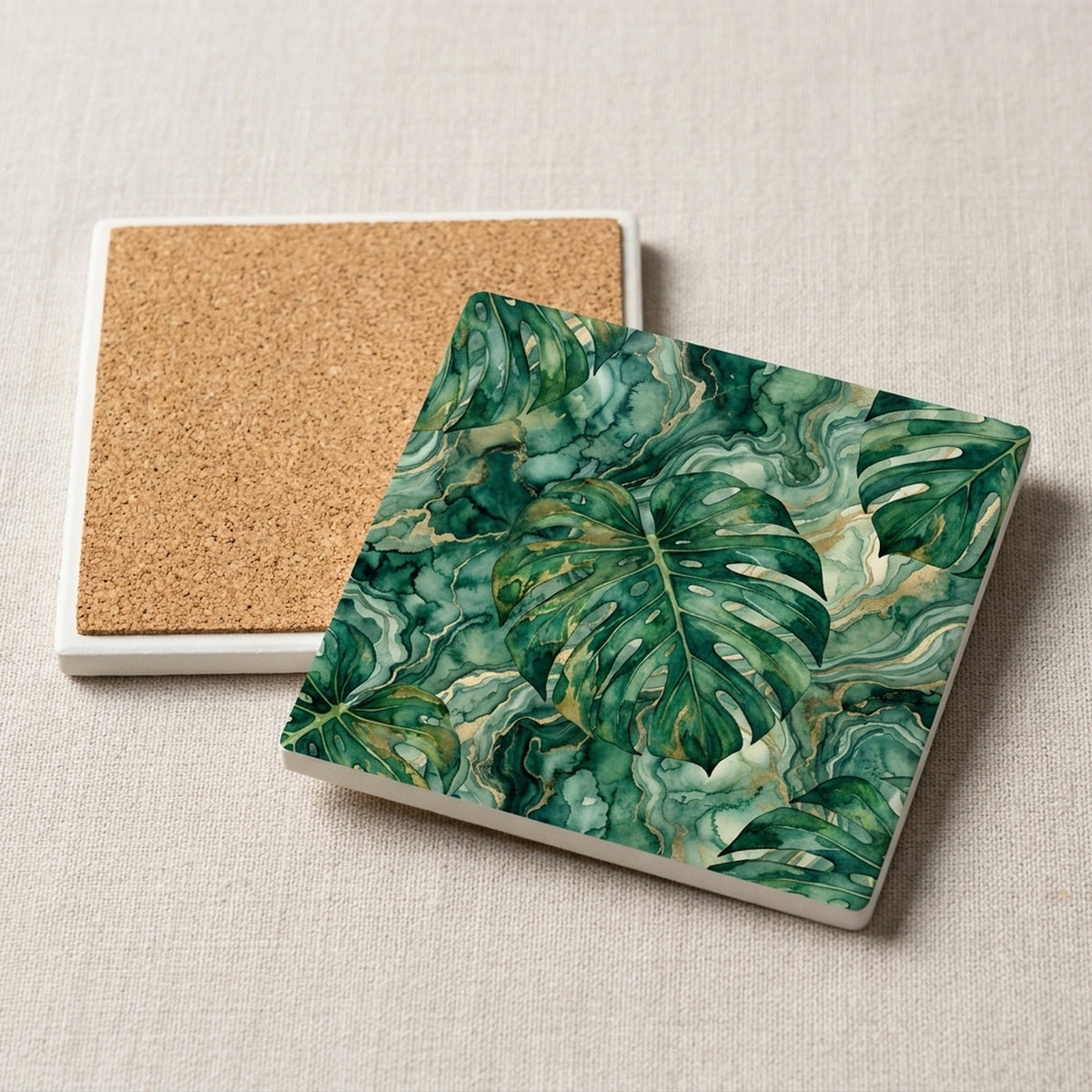 Tropical Monstera ceramic coasters set of 4, cork back