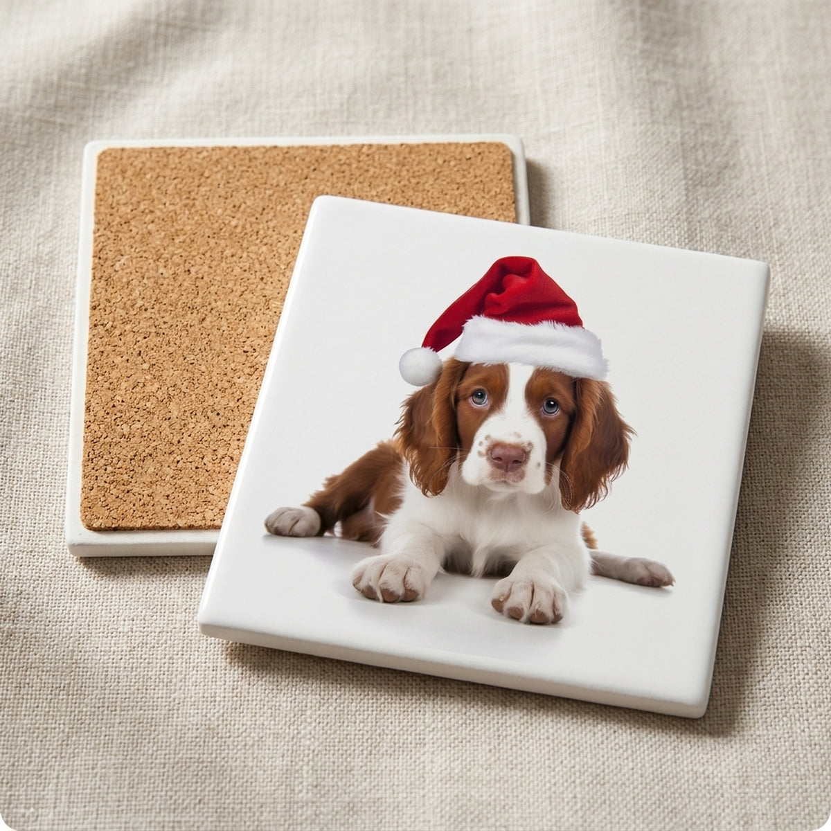 Irish Red and White Setter Puppy ceramic coasters set of 4, cork back