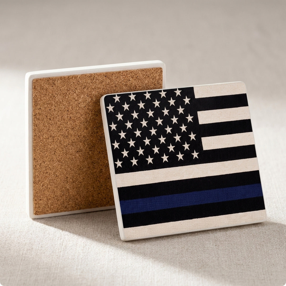 Thin Blue Line Flag ceramic coasters set of 4, cork back
