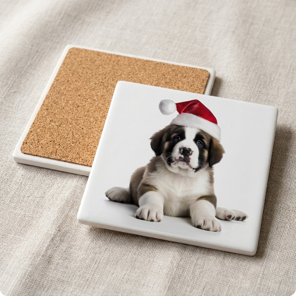St. Bernard Puppy ceramic coasters set of 4, cork back