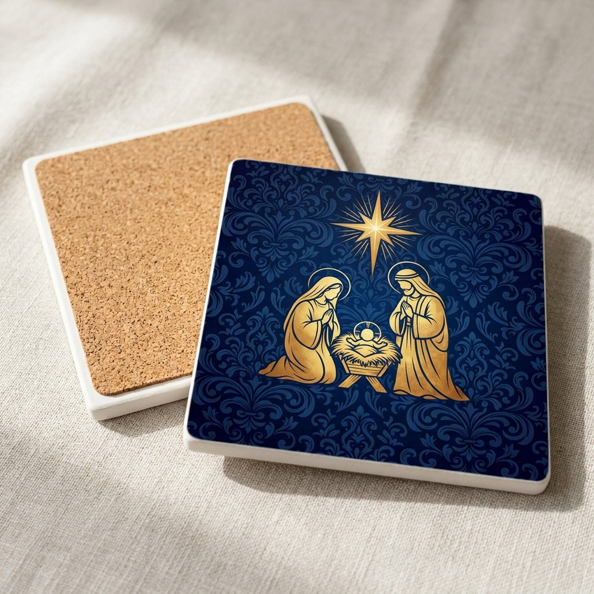 Nativity Scene ceramic coasters set of 4, cork back