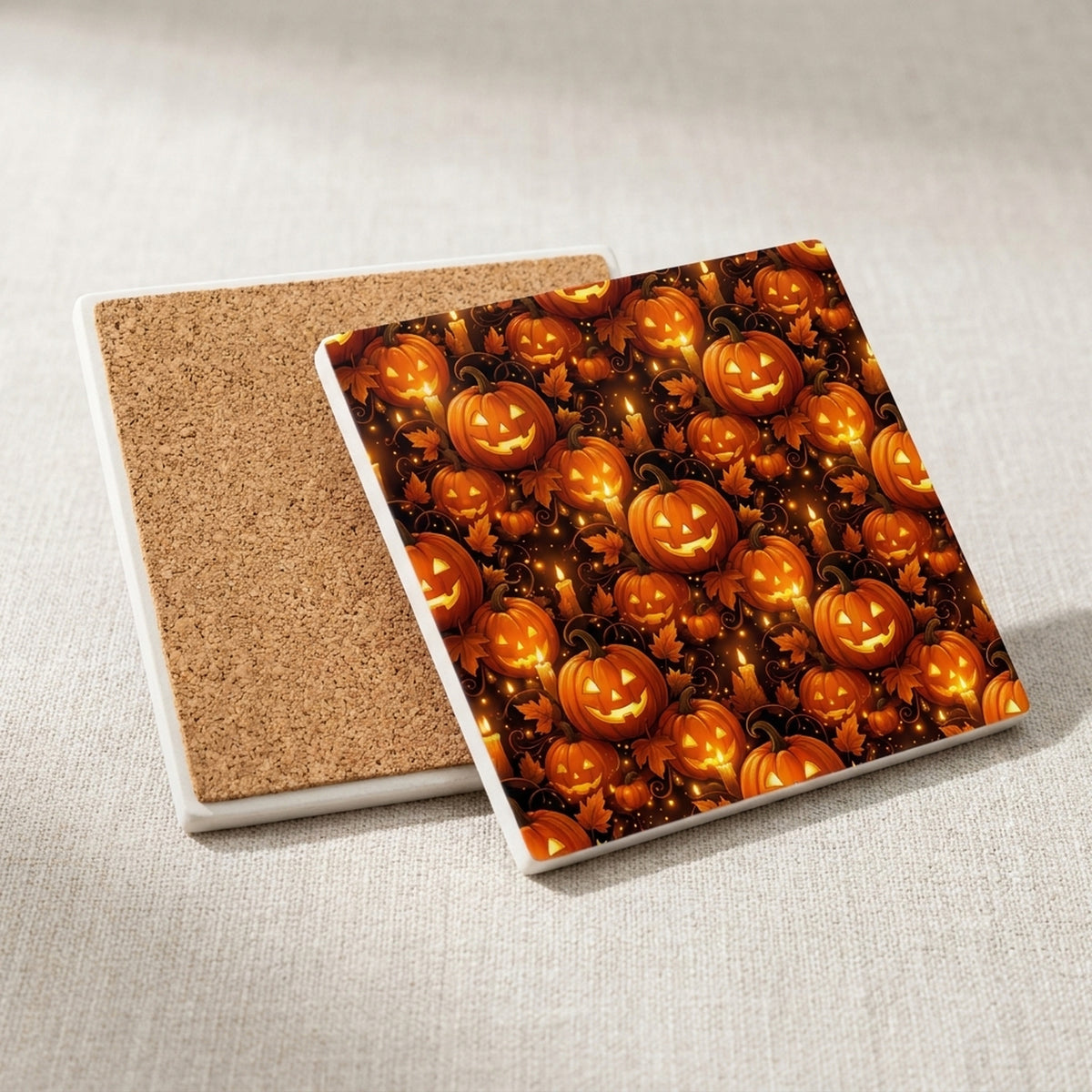 Halloween Pumpkins ceramic coasters set of 4, cork back